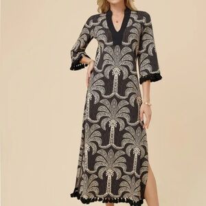 Spartina 449 Women’s BREANA MIDI DRESS BRIDGE STREET PALMS BLACK. Size: Large!